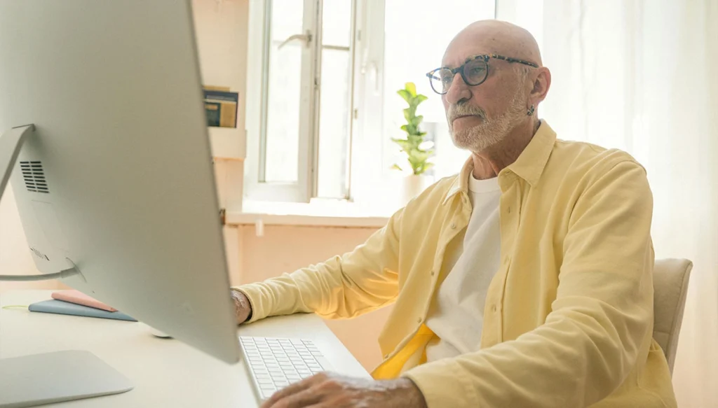old man sitting infront of his desktop pc