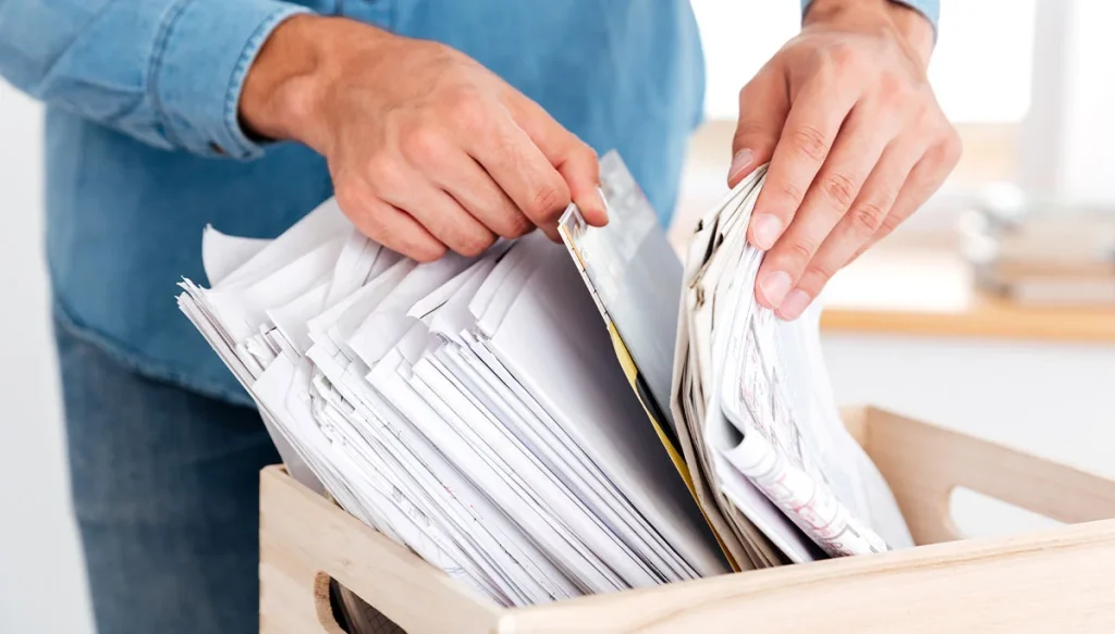 Close Up Portrait Of Man Hands Looking For Documents In Stack Of Folders On The Office Table